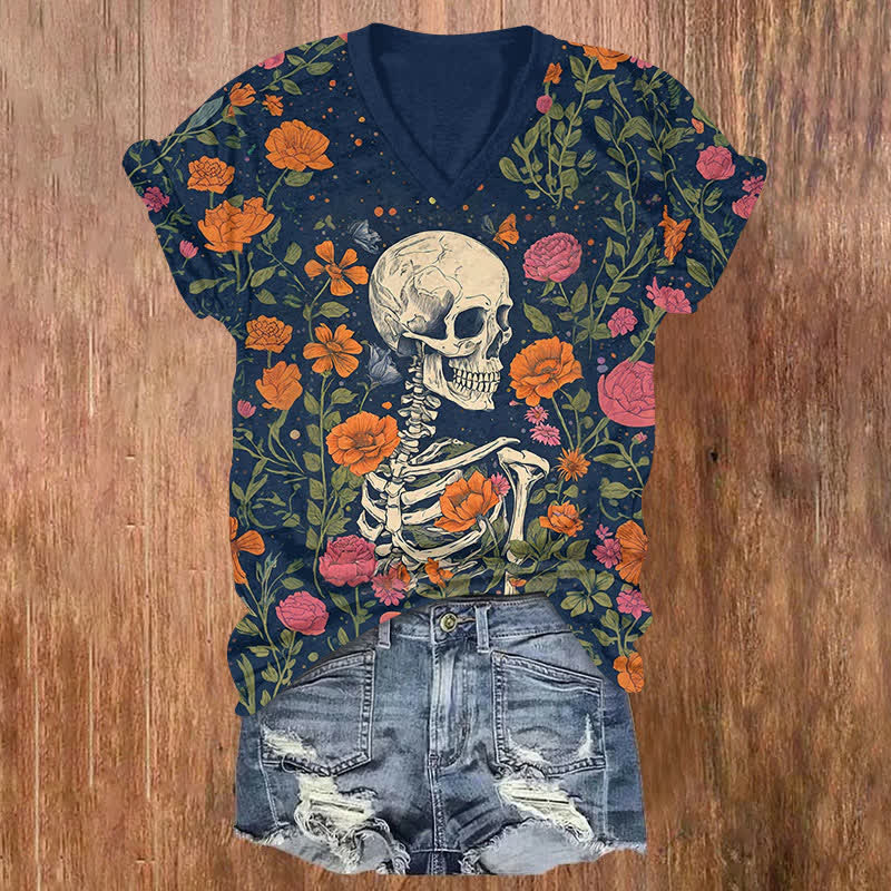 Halloween Skeleton Man Surrounded By Flowers Print V-neck T-shirt - Blue - US32-34(5XL) - image 1