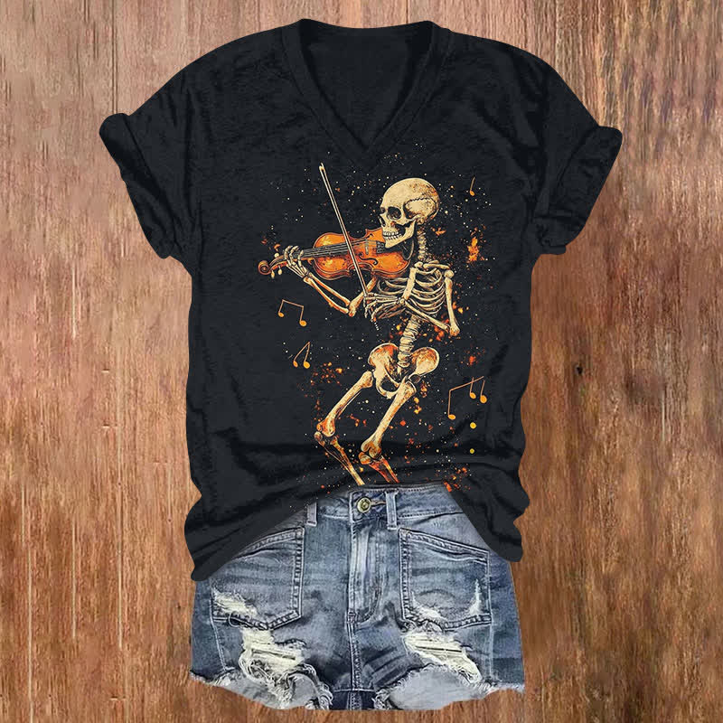 Halloween Funny Skeleton Man Playing The Violin Print V-neck T-shirt - Black - US32-34(5XL) - image 1