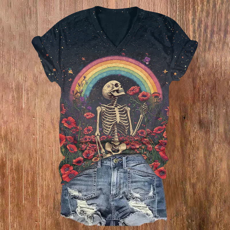 Halloween Starry Night Rainbow & Skeleton Man With Flower Print V-neck T-shirt - Black - US32-34(5XL) - image 1