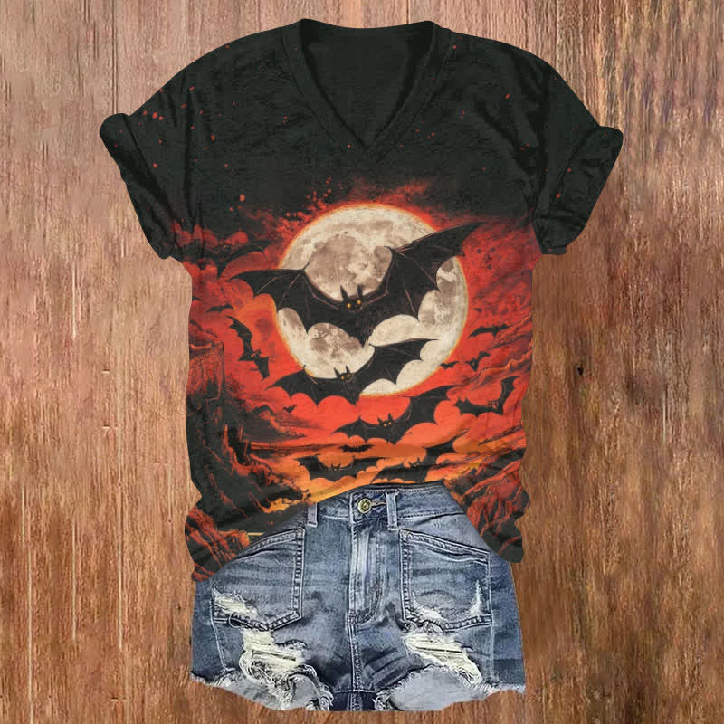 Halloween Full Moon Night Filled With Bats Print V-neck T-shirt - Black - US32-34(5XL) - image 1