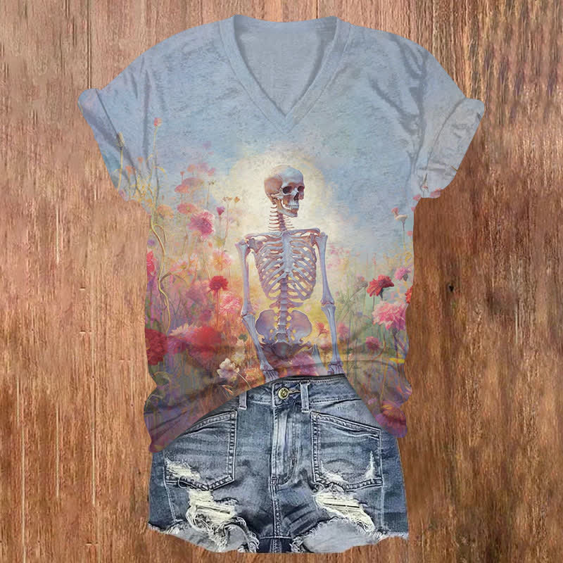 Halloween Oil Painting Skeleton Man Around Flowers Print V-neck T-shirt - Light Blue - US32-34(5XL) - image 1