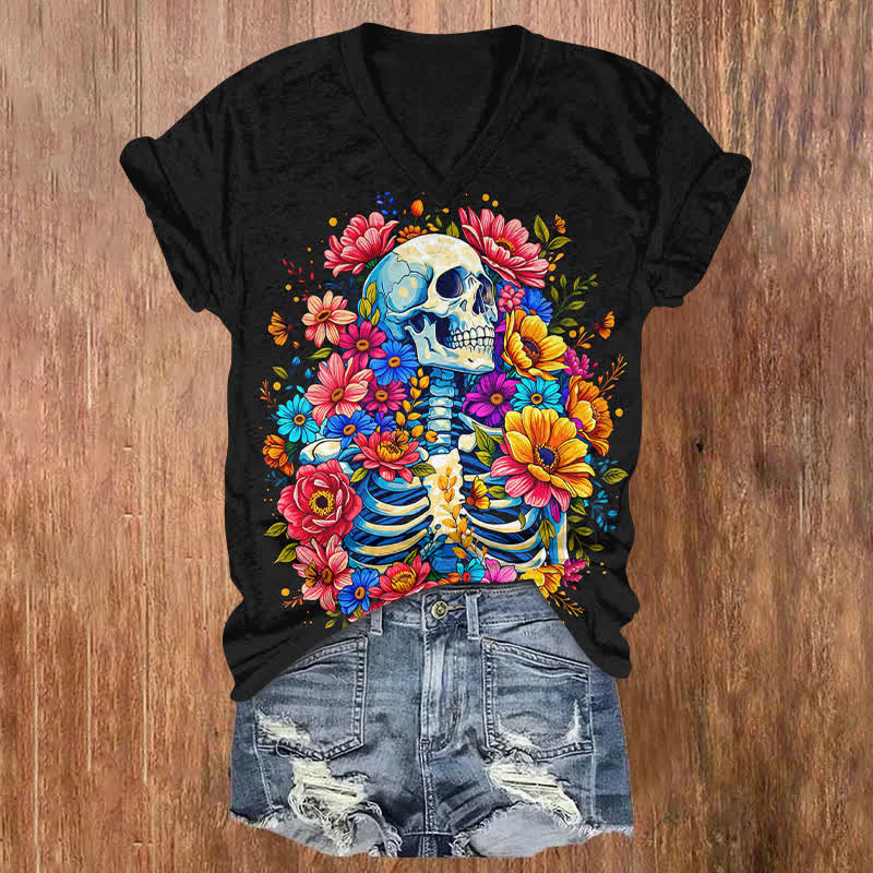 Halloween Creative Skeleton Man Full Of Colorful Daisy Print V-neck T-shirt - Black - US32-34(5XL) - image 1