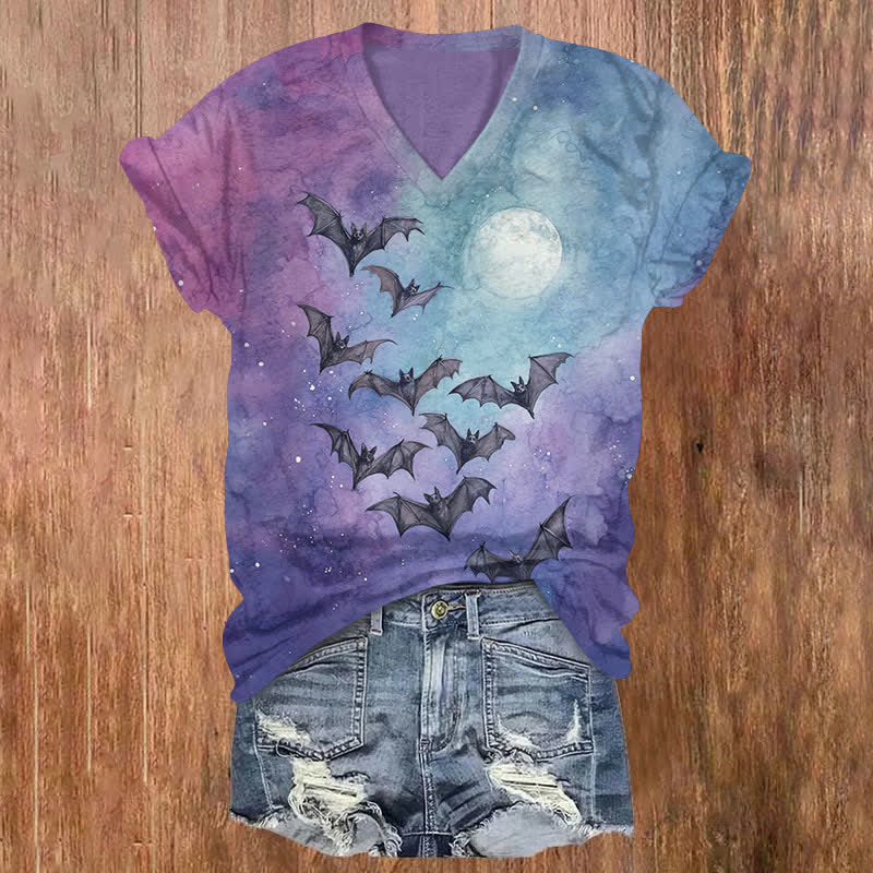  Halloween Contrast Watercolor Moon & Bat Print V-neck T-shirt - Purple - US32-34(5XL) - image 1