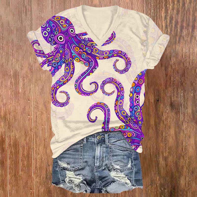 Vintage Funny Geometric Pattern Octopus Print V-neck T-shirt - Apricot - US32-34(5XL) - image 1