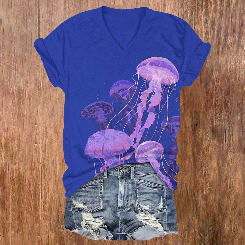 Oil Painting Fantasy Octopus Art Print V-neck T-shirt - Blue - US32-34(5XL) - image 1