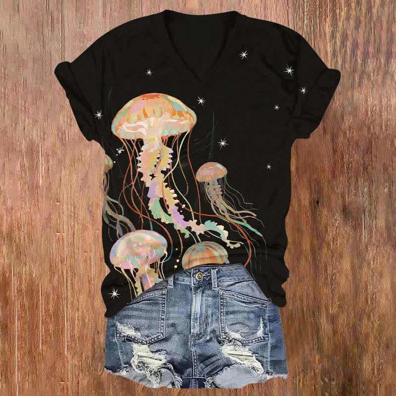 Creative Starry Rainbow Jellyfish Art Print V-neck T-shirt - Black - US32-34(5XL) - image 1