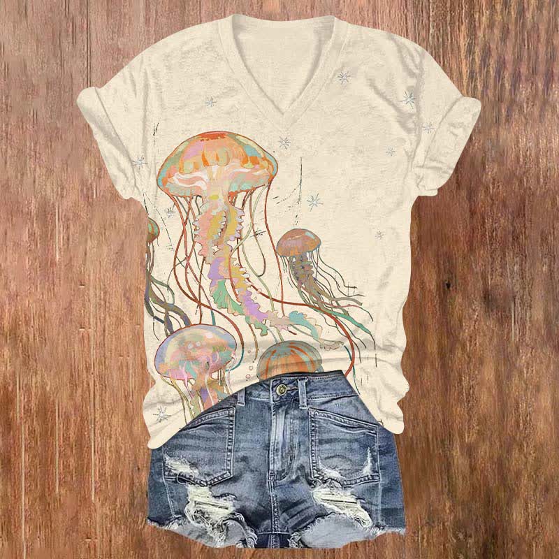Creative Starry Rainbow Jellyfish Art Print V-neck T-shirt - Beige - US32-34(5XL) - image 4