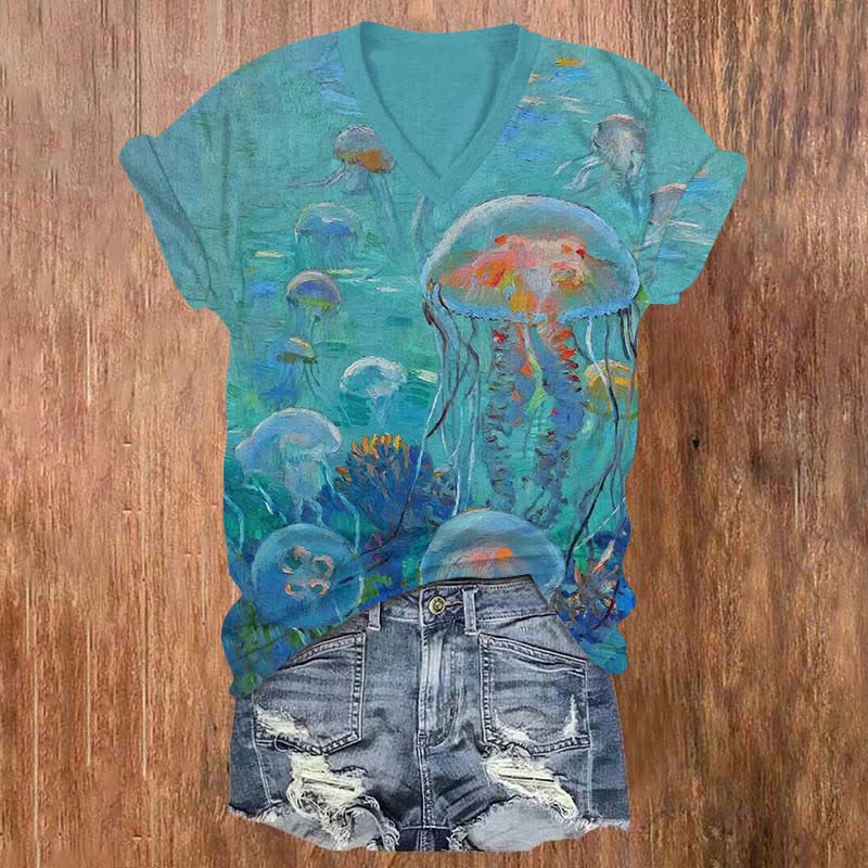 Retro Oil Painting Underwater Jellyfish Print V-neck T-shirt - Blue - US32-34(5XL) - image 1