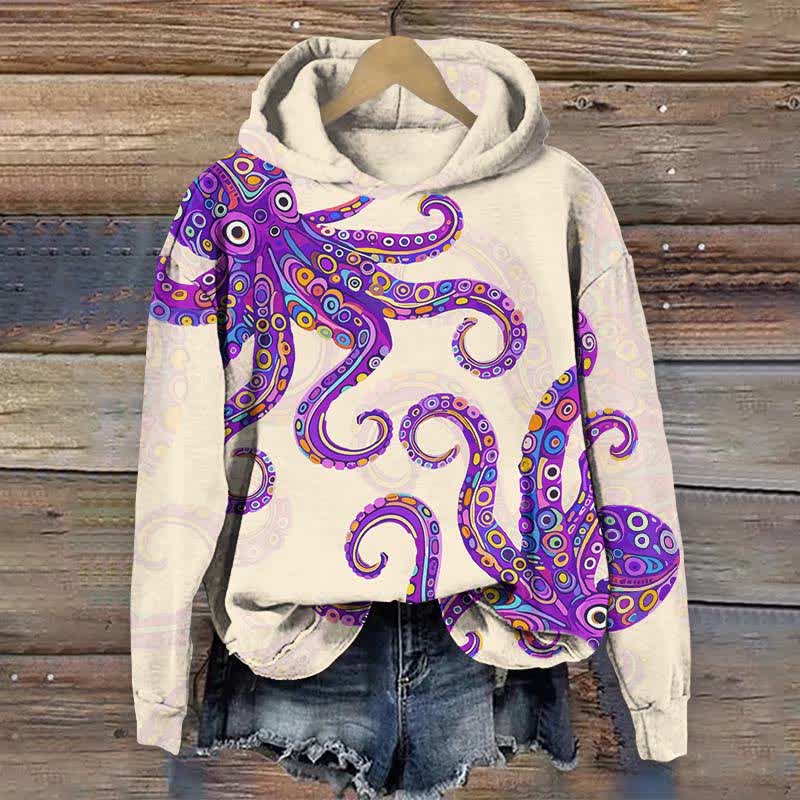 Vintage Funny Geometric Pattern Octopus Print Long Sleeve Hoodie - Beige - US44-46(8XL) - image 1