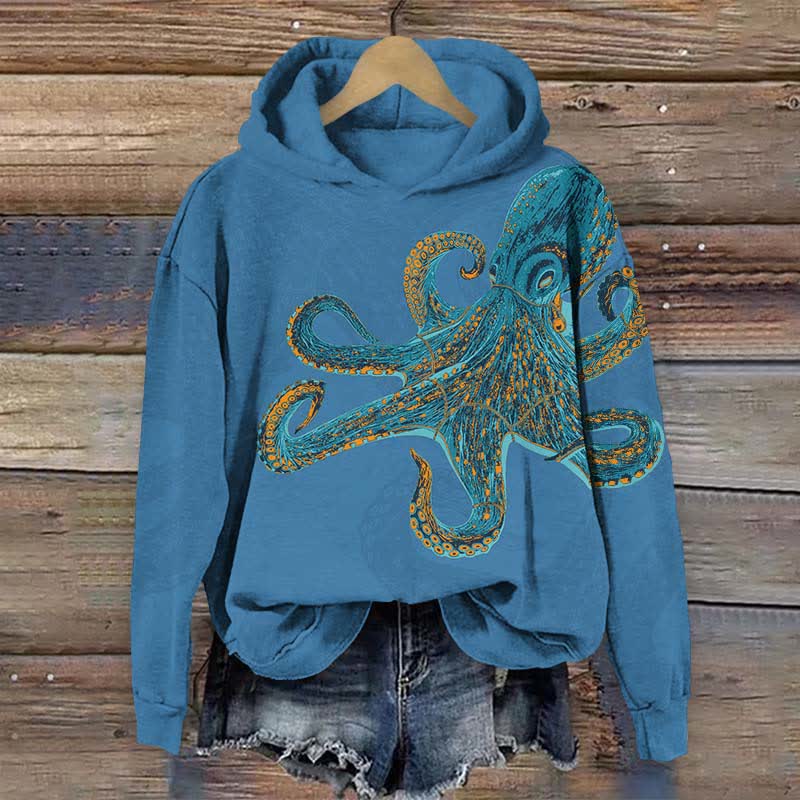 Creative Crayon Painting Octopus Art Print Long Sleeve Hoodie - Blue - US44-46(8XL) - image 1