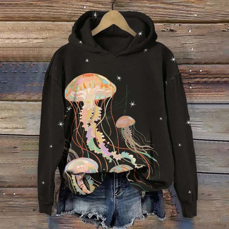 Creative Starry Rainbow Jellyfish Art Print Long Sleeve Hoodie - Black - US44-46(8XL) - image 1