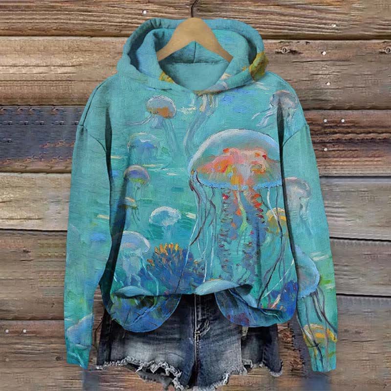 Retro Oil Painting Underwater Jellyfish Print Long Sleeve Hoodie - Blue - US44-46(8XL) - image 1