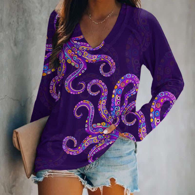 Vintage Funny Geometric Pattern Octopus Print Long Sleeve T-shirt - Purple - 5XL - image 1