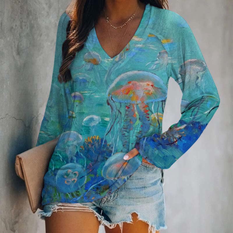 Retro Oil Painting Underwater Jellyfish Print Long Sleeve T-shirt - Blue - 5XL - image 1