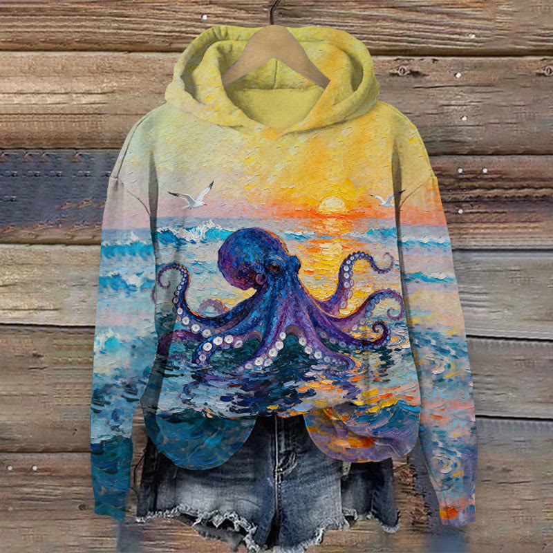 Art octopus with sunset Print Long Sleeve Hoodie - Multicolor - US44-46(8XL) - image 1