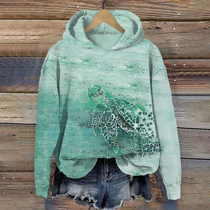 Art Turtle Emerges From The Sea Print Long Sleeve Hoodie - Green - US44-46(8XL) - image 1