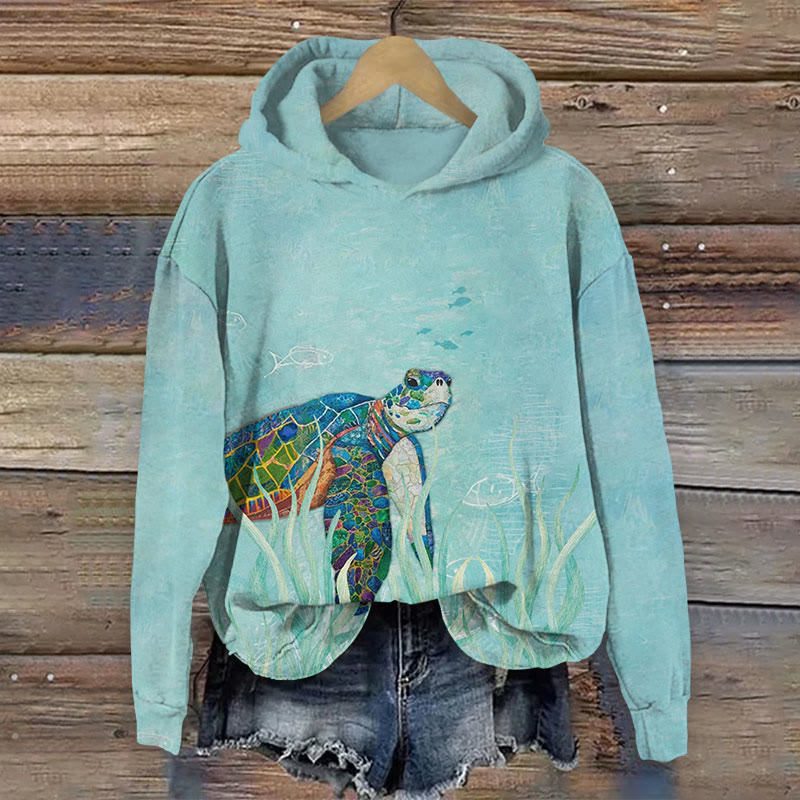 Art Turtle Under Sea Print Long Sleeve Hoodie - Green - US44-46(8XL) - image 1