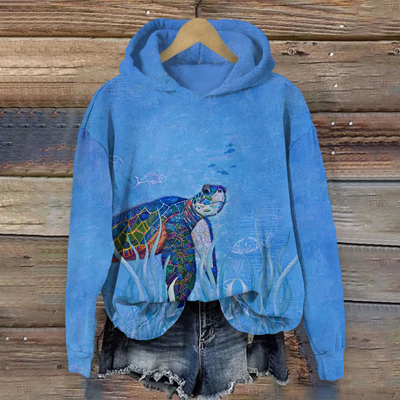 Art Turtle Under Sea Print Long Sleeve Hoodie - Blue - US44-46(8XL) - image 2