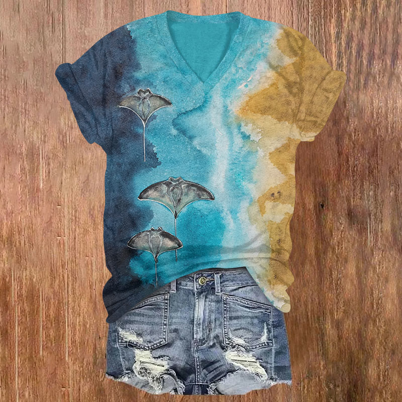 Vintage Manta Ray Art V-neck T-shirt - Multicolor - US32-34(5XL) - image 1