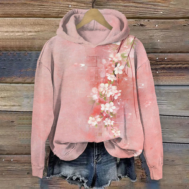 Japanese Style Watercolor Floral Print Long Sleeve Hoodie - Pink - US44-46(8XL) - image 3