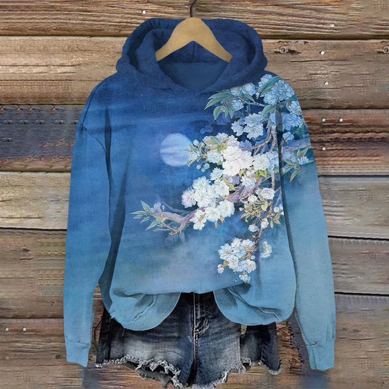 Japanese Style Floral Print Long Sleeve Hoodie - Blue - US44-46(8XL) - image 1