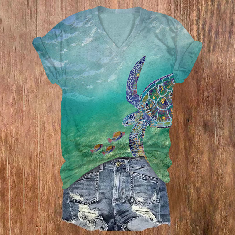  Art Turtle And Fishes Under Sea  Print V-neck T-shirt - Green - US32-34(5XL) - image 1