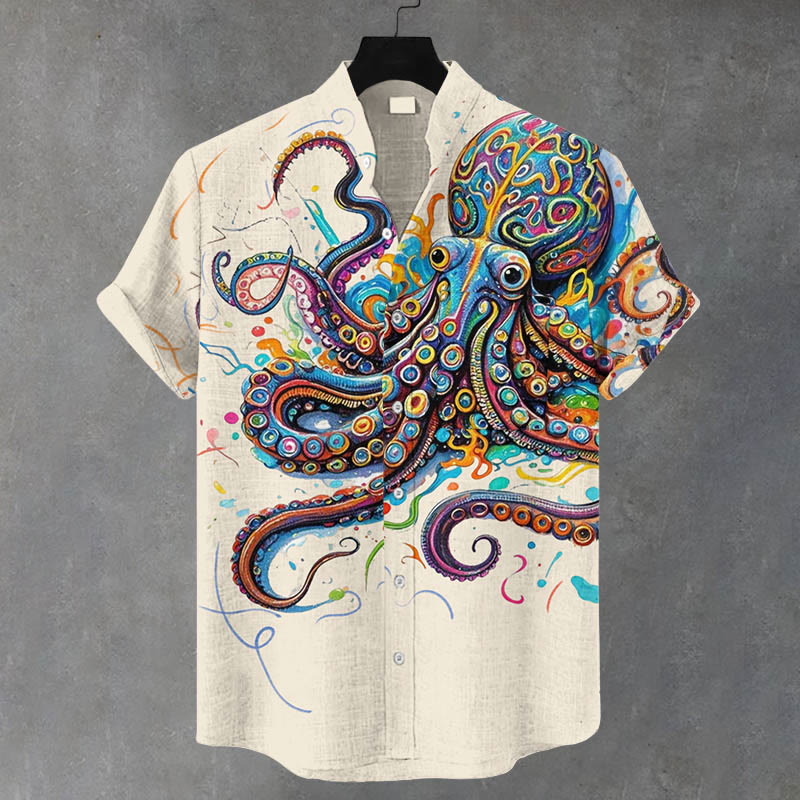 Men's Vintage Rainbow Octopus Print Casual Shirt - Apricot - 5XL - image 1