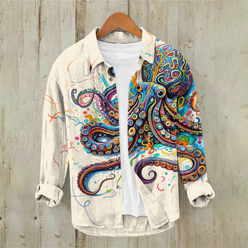 Vintage Rainbow Octopus Print Casual Long Sleeve Lapel Shirt - Apricot - 5XL - image 1