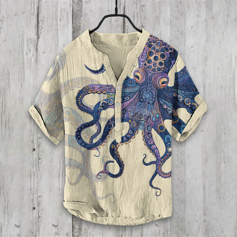 Unique Exquisite Octopus Pattern Art Print Shirt - Apricot - 5XL - image 1