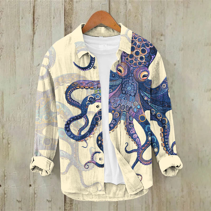 Unique Exquisite Octopus Pattern Print Casual Long Sleeve Lapel Shirt - Apricot - 5XL - image 1