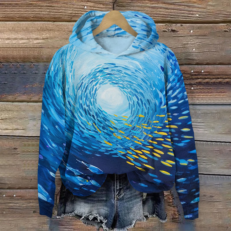  Swirling Fish Shoals On The Seabed Print Long Sleeve Hoodie - Blue - US44-46(8XL) - image 1