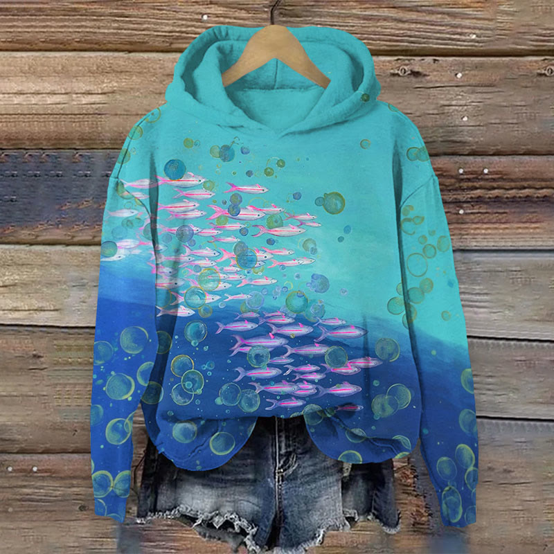 Schools Of Fish And Bubbles Print Long Sleeve Hoodie - Blue - US44-46(8XL) - image 1