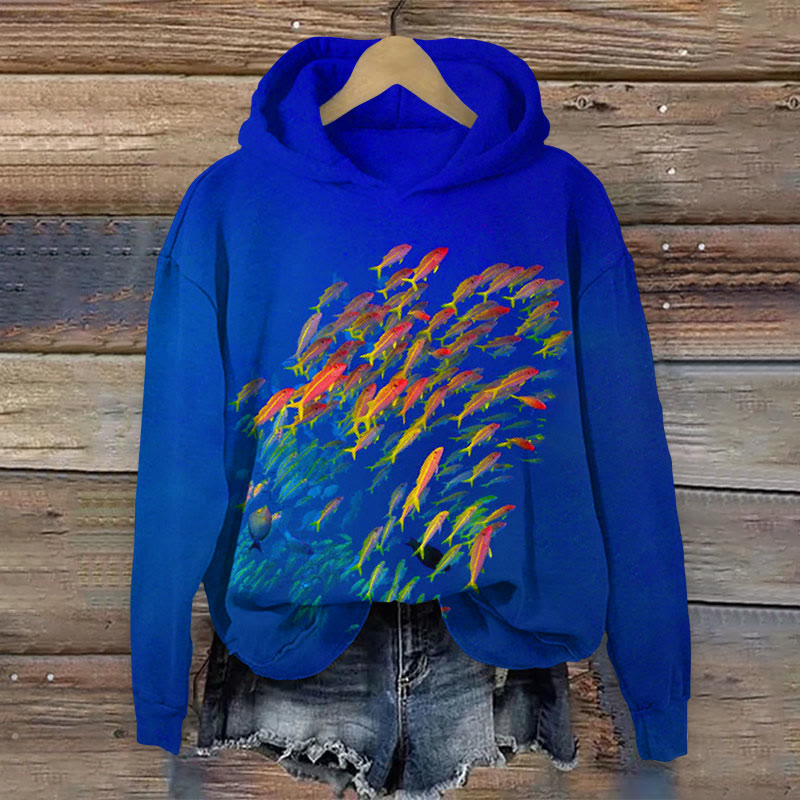  Art School Of Fishes Print Long Sleeve Hoodie - Blue - US44-46(8XL) - image 1