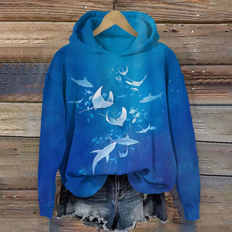 Ocean School Of Fishes Print Long Sleeve Hoodie - Blue - US44-46(8XL) - image 1