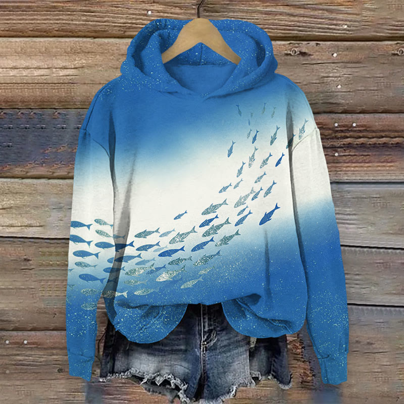 Art School Of Fishes Print Long Sleeve Hoodie - Blue - US44-46(8XL) - image 1
