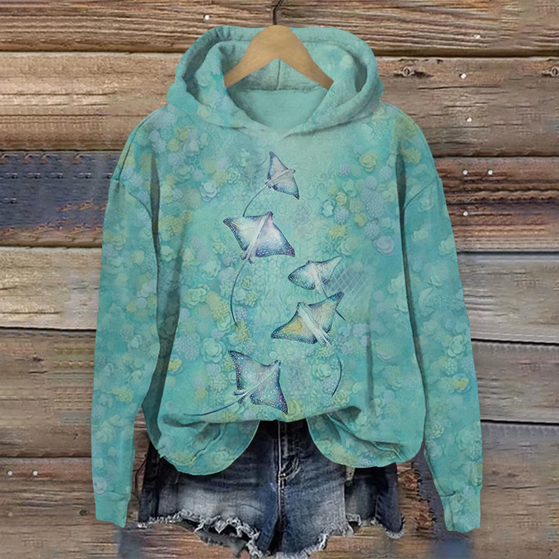 Art Manta Ray With Undersea flowers Print Long Sleeve Hoodie - Green - US44-46(8XL) - image 1