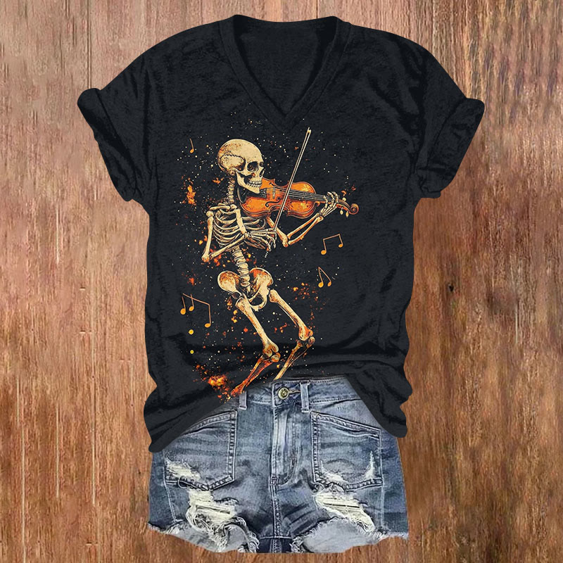 Skeleton Playing The Violin Print V-neck T-shirt - Black - US32-34(5XL) - image 1