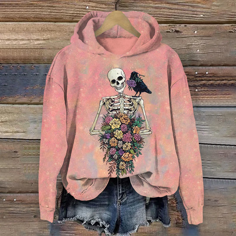 Halloween Skeleton Holding Flowers Print Long Sleeve Hoodie - Pink - US44-46(8XL) - image 1
