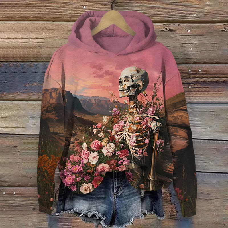 Halloween Watercolor Skeleton&pink Rose Print Long Sleeve Hoodie - Pink - US44-46(8XL) - image 1