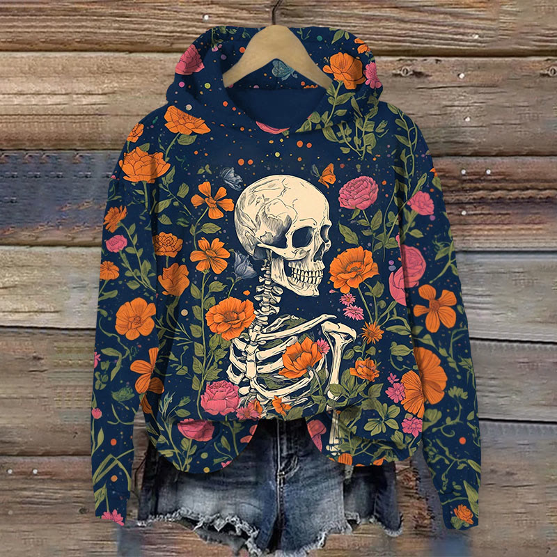 Halloween Skeleton Surrounded By Flowers Print Long Sleeve Hoodie - Blue - US44-46(8XL) - image 1