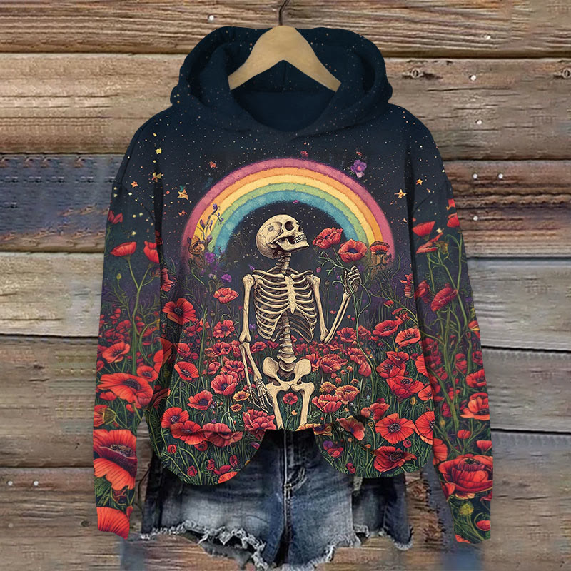 Halloween Starry Night Rainbow & Skeleton With Flower Print Long Sleeve Hoodie - Black - US44-46(8XL) - image 1