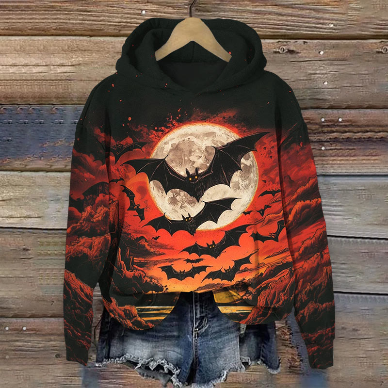 Halloween Full Moon Night Filled With Bats Print Long Sleeve Hoodie - Black - US44-46(8XL) - image 1