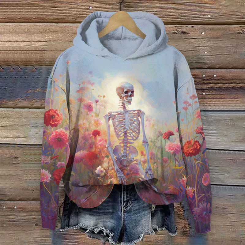 Halloween Oil Painting Skeleton Around Flowers Print Long Sleeve Hoodie - Light Blue - US44-46(8XL) - image 1