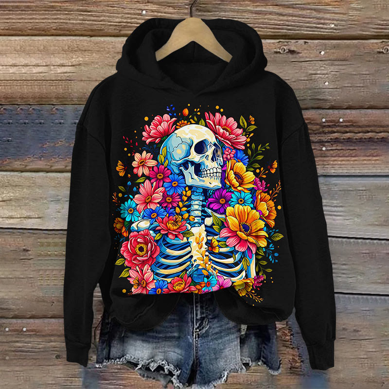 Halloween Creative Skeleton Full Of Colorful Daisy Print Long Sleeve Hoodie - Black - US44-46(8XL) - image 1