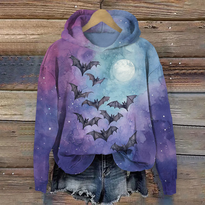 Halloween Contrast Watercolor Moon & Bat Print Long Sleeve Hoodie - Light Purple - US44-46(8XL) - image 1