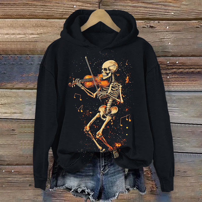 Halloween Funny Skeleton Playing The Violin Print Long Sleeve Hoodie - Black - US44-46(8XL) - image 1