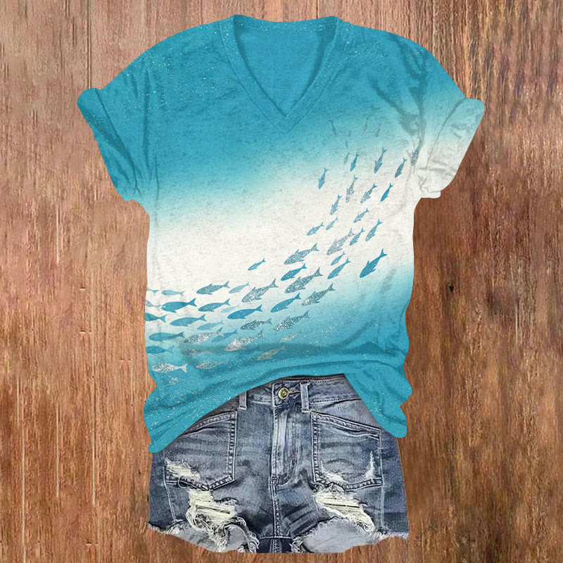 Art School Of Fishes Print V-neck T-shirt - Lake Blue - US32-34(5XL) - image 1