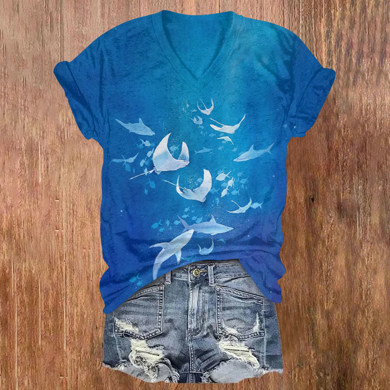 Ocean School Of Fishes Print V-neck T-shirt - Blue - US32-34(5XL) - image 1