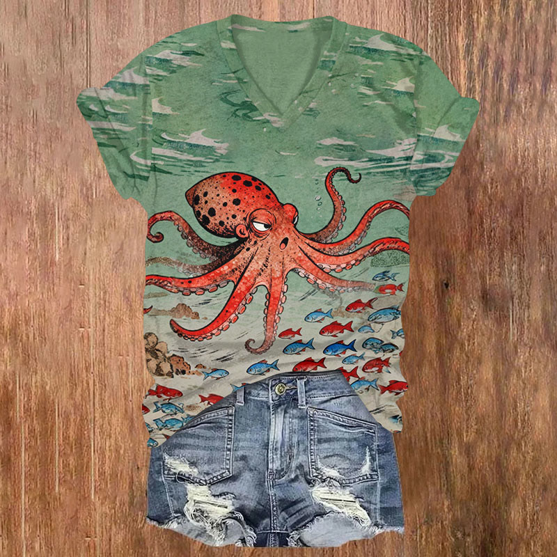 Ocean Octopus And School Of Fish Print V-neck T-shirt - Green - US32-34(5XL) - image 1
