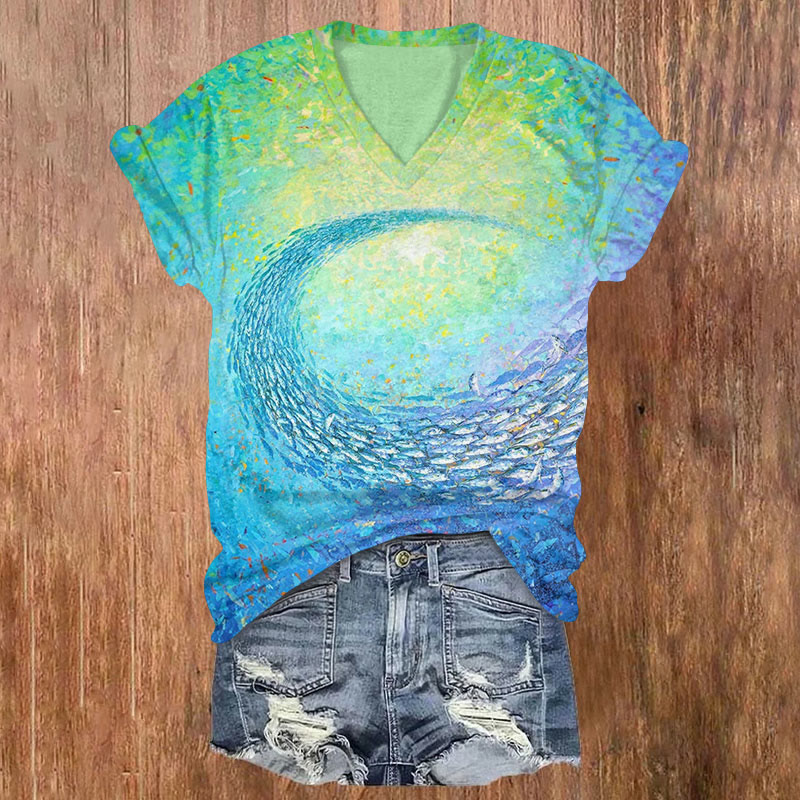 Colorblock Art School Of Fishes Print V-neck T-shirt - Multicolor - US32-34(5XL) - image 1